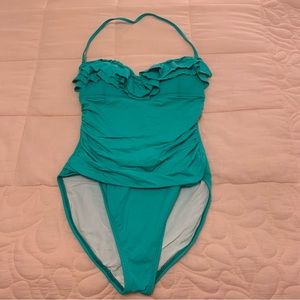 LA BLANCA light teal one piece swimsuit size 10 gorgeous ruffle high back
